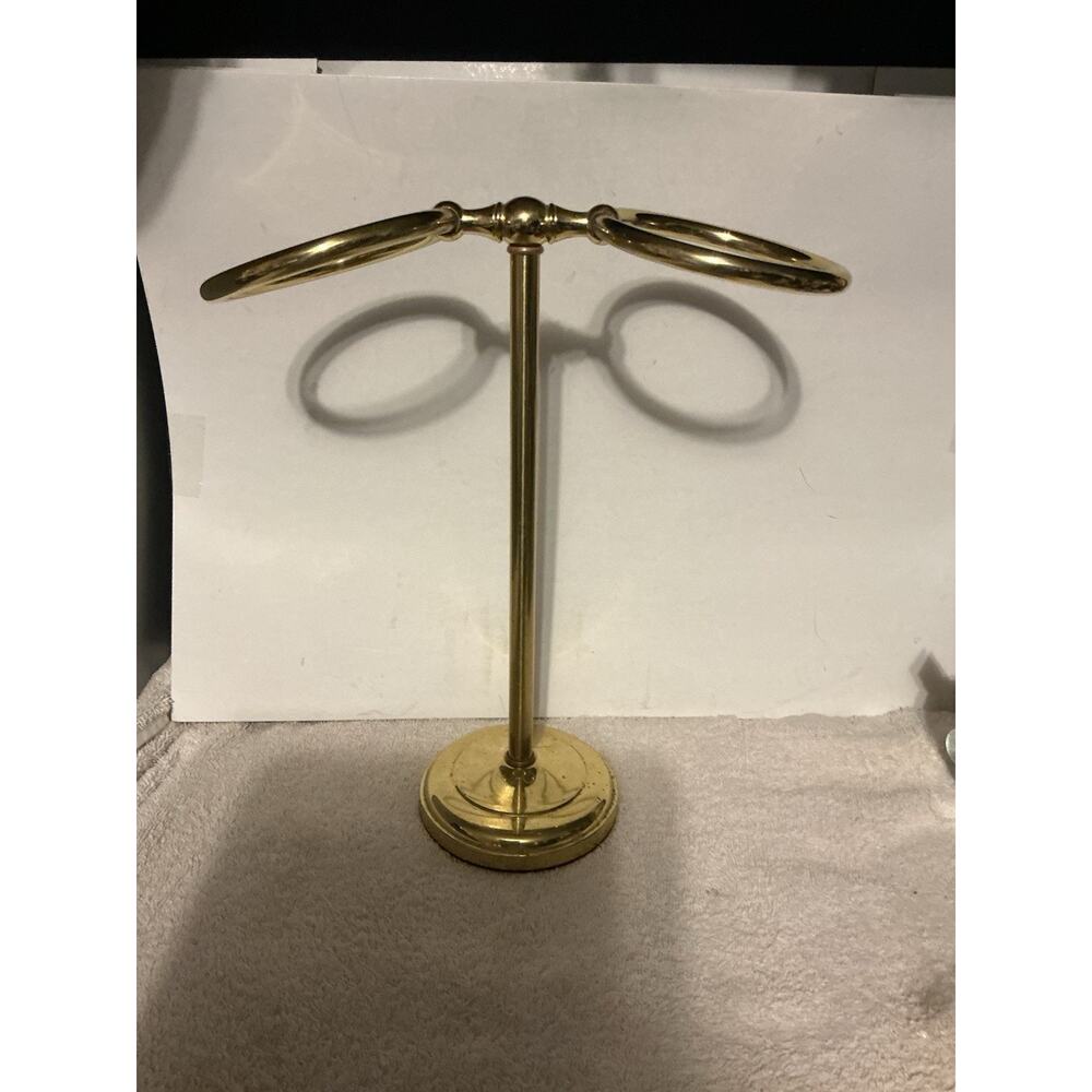 Vintage Brass Hand Towel Holder Stand Double Ring Bathroom Countertop MCM Gold - Picture 6 of 9